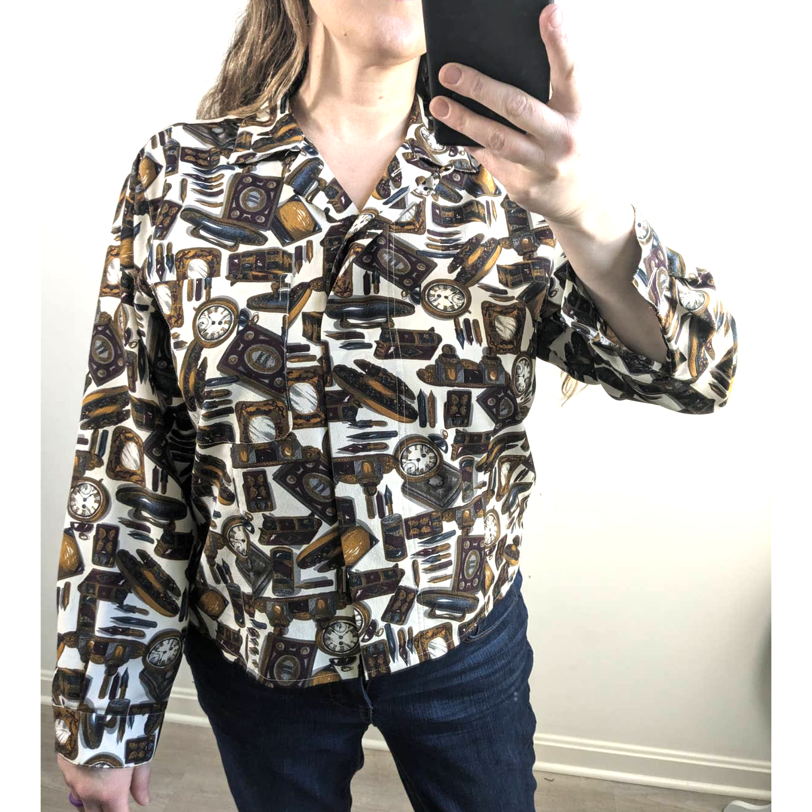Vintage Jones New York Clock Desk Themed Button Down Womens Top Long Sle